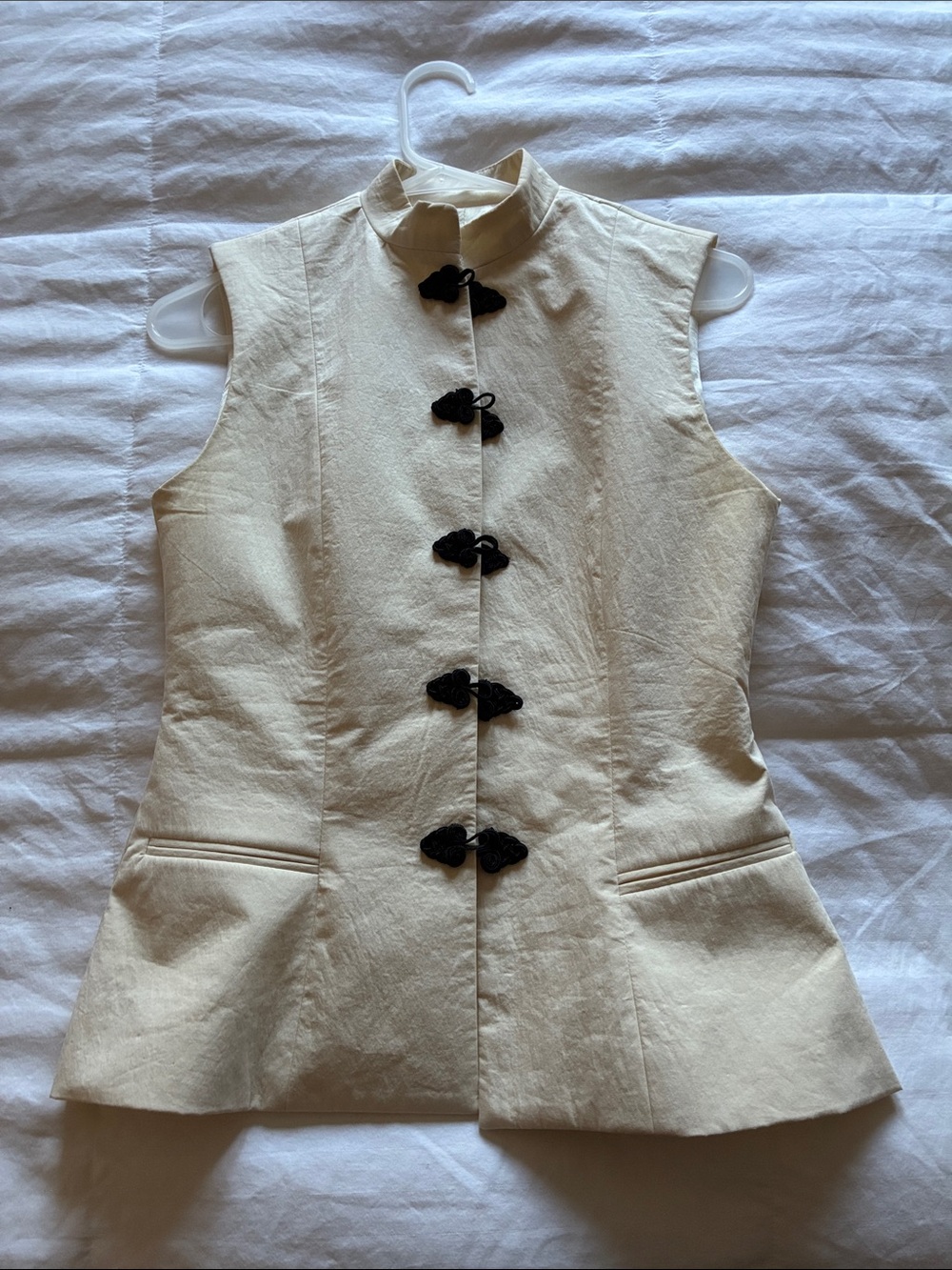 Zara Cream Sleeveless Mandarin Vest with Black Frog Buttons